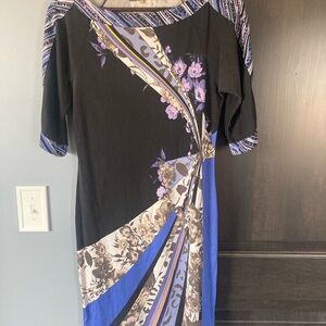Elie Tahari Silky Black and Blue Floral Dress